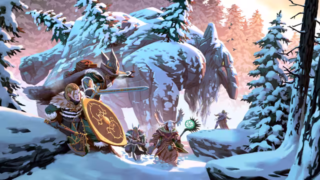 Painted key art of four armored Vikings with a sword, a round shield and a glowing staff in deep snow, a huge ice-covered giant looming behind them among snow-laden firs
