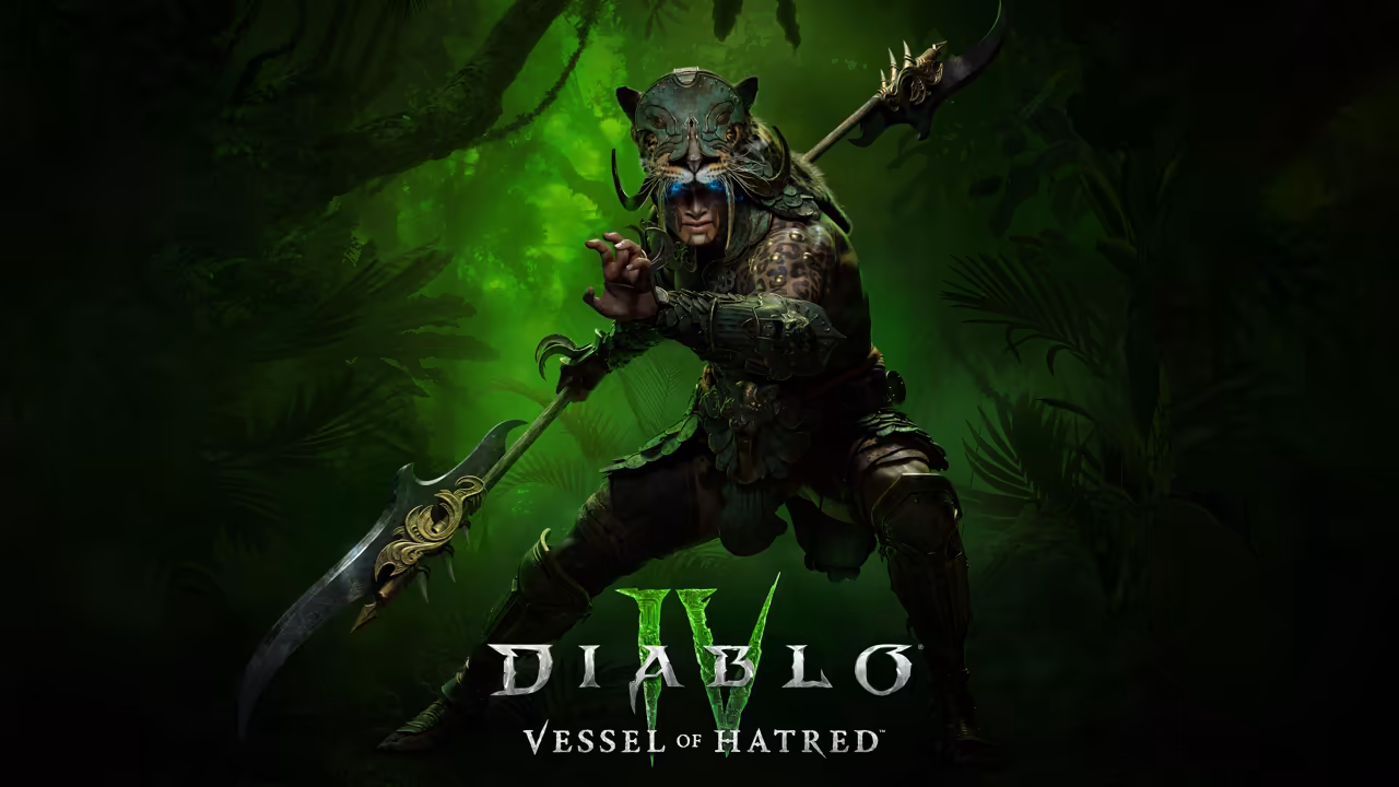 A warrior crouches in a green-lit jungle, wearing a cat's head as a helmet, blue paint across the eyes and armor of green scales, holding a long pole weapon with curved blades at both ends; the Vessel of Hatred logo sits below.