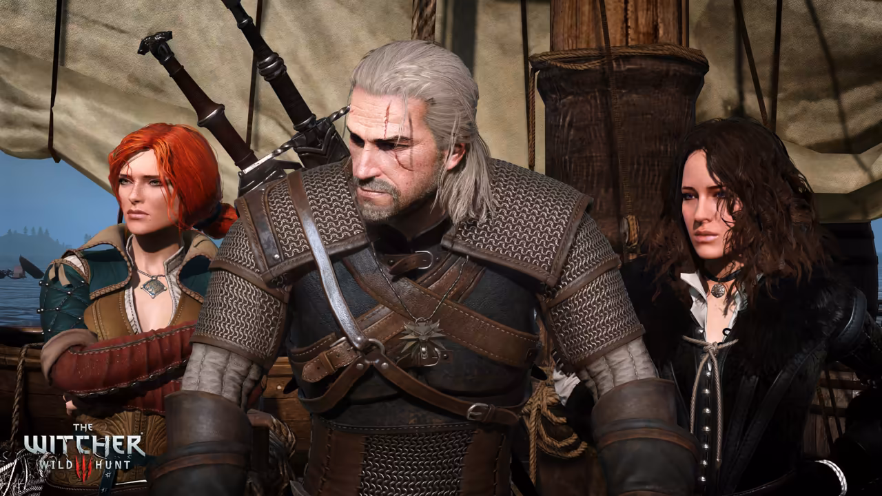 Under a cream sail, a white-haired man in chain mail and leather with a scar over his eye and swords on his back sits between a red-haired woman in a green and brown jacket at left and a woman with curly black hair, a black coat and a choker at right. Water and a far shore are behind them, and The Witcher Wild Hunt logo sits at lower left.