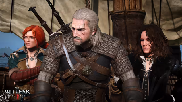 Under a cream sail, a white-haired man in chain mail and leather with a scar over his eye and swords on his back sits between a red-haired woman in a green and brown jacket at left and a woman with curly black hair, a black coat and a choker at right. Water and a far shore are behind them, and The Witcher Wild Hunt logo sits at lower left.