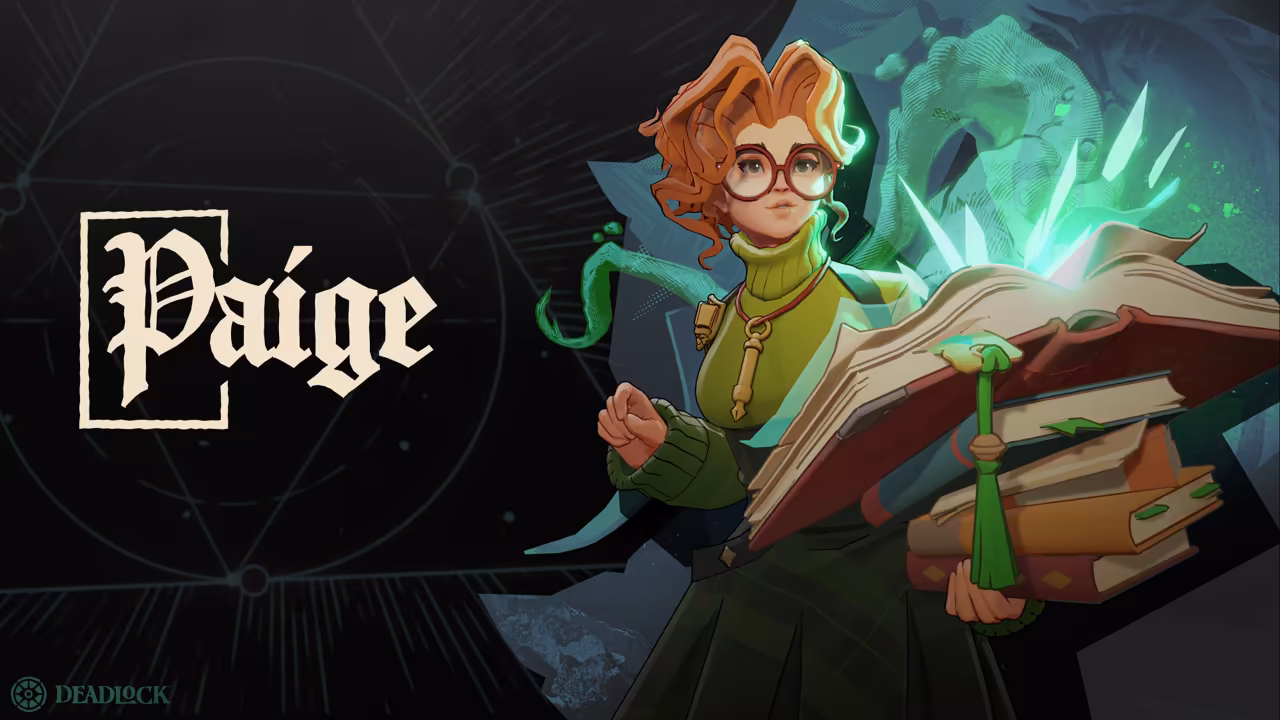 Painted young woman with curly red hair, round glasses and a green turtleneck holding a stack of books, the top one open with green ghostly shapes and crystals bursting out, beside the word Paige.