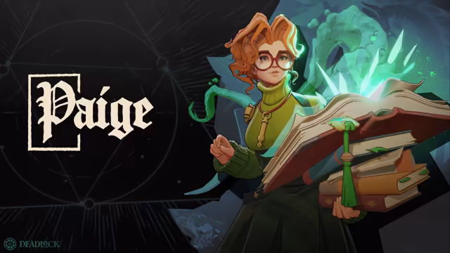 Painted young woman with curly red hair, round glasses and a green turtleneck holding a stack of books, the top one open with green ghostly shapes and crystals bursting out, beside the word Paige.