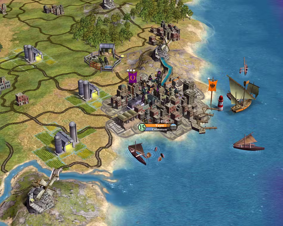3D map of a city of brick buildings on a shore with a red and white lighthouse and piers, two sailing ships and a galley offshore, and silos, fields and a windmill on the green land around it.