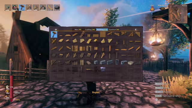 A large grid of wooden, thatch and stone building-piece icons fills the screen over a Viking standing on a paved courtyard beside a shingled house, fences and two hanging braziers; the tabs across the top read Misc 19, Crafting 30, Building 73 and Furniture 43