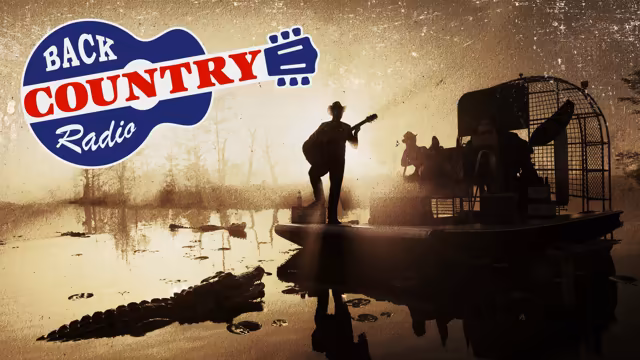 Grainy sepia artwork of a swamp at dawn: a man in a cowboy hat stands with one foot on a cooler playing an acoustic guitar at the front of an airboat with a caged propeller, a second figure seated behind him, while alligators float among lily pads and bare trees in the still water. A red, white and blue guitar-shaped logo at top left reads Back Country Radio.