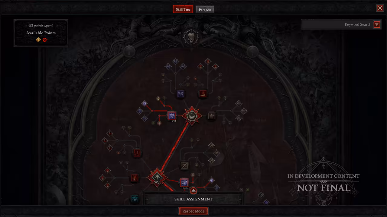A game menu with Skill Tree and Paragon tabs. A red path climbs a tree of round and diamond-shaped nodes inside a gothic arch; '83 points spent' shows at top left, and Skill Assignment and Respec Mode buttons sit at the bottom.