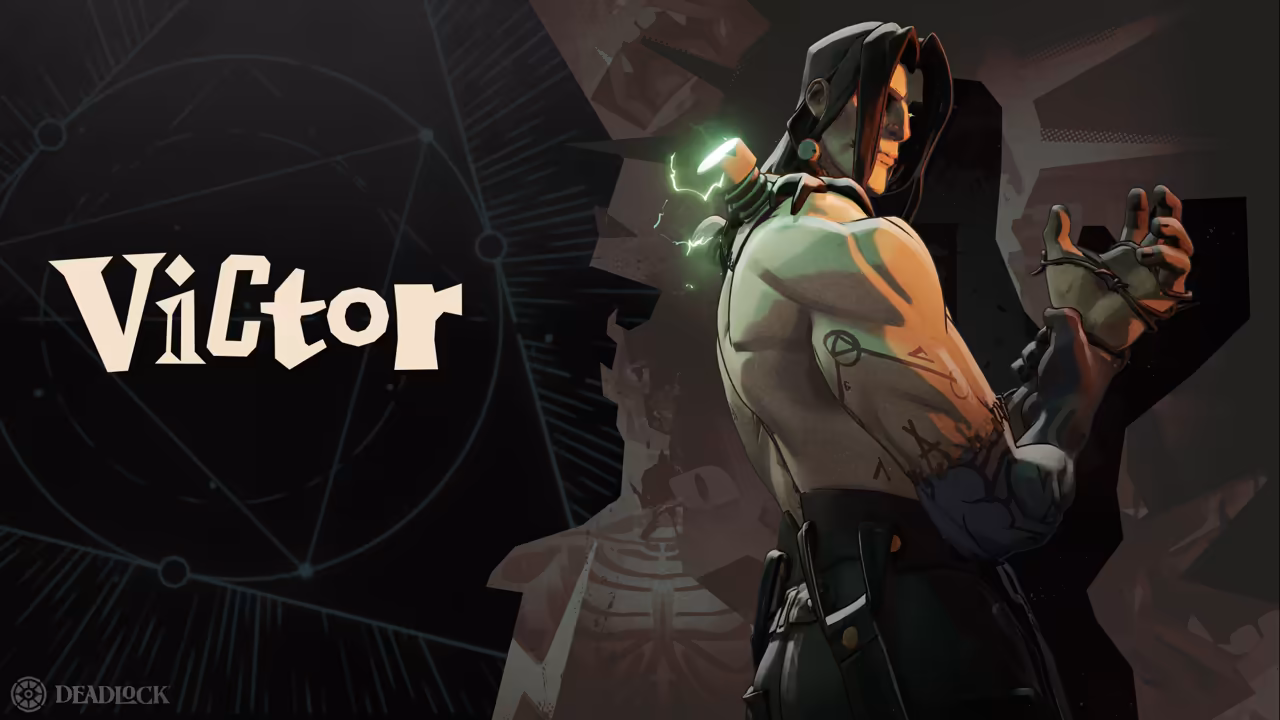 Painted thin pale man with long black hair, a scarred bare torso and bolts at his neck giving off green sparks, in shadow beside the word Victor in cream letters.