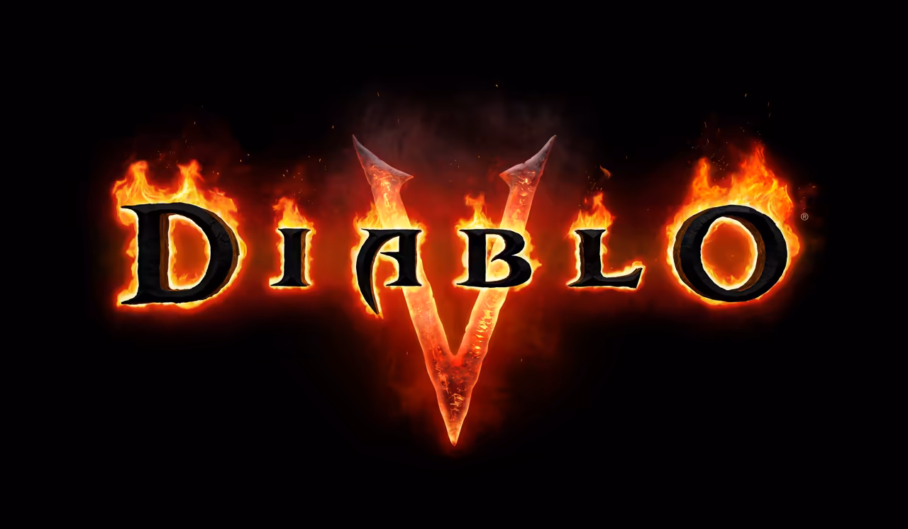 The Diablo 5 logo. The word DIABLO is set in heavy, dark, carved capitals whose edges glow with fire, and a tall V wreathed in flame rises behind the middle of the word, against a black background.