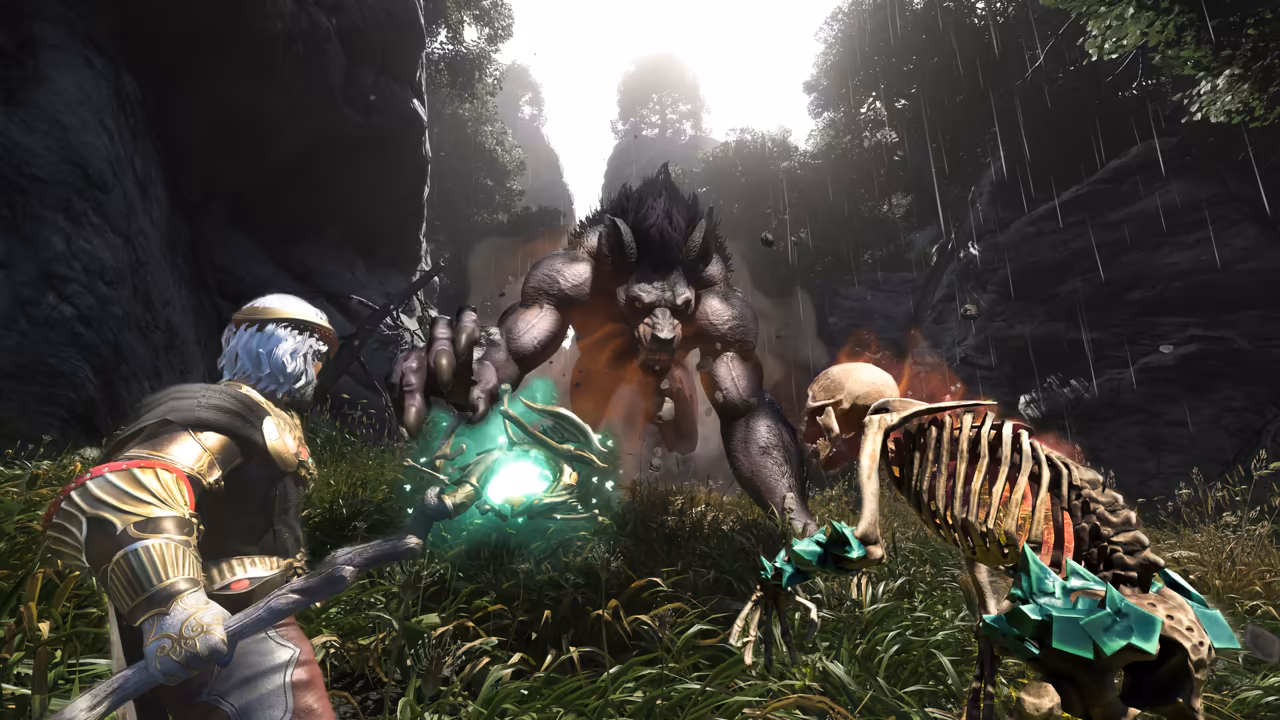 Rain falls in a narrow, mossy gorge. At left, seen from behind, a figure with white hair and ornate gold shoulder armor points a wooden staff whose tip bursts with green light. Ahead, a massive dark-furred beast with curled horns and a gaping mouth lunges forward with one clawed hand raised, and at right a skeletal four-legged creature wrapped in green crystal shards stands in the grass. No game interface is shown.