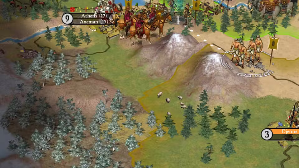3D map of hills, snow-capped mountains and pine forest. A label reads Athens, Axeman at top left; bare-chested warriors stand on a slope at right beside a yellow border, and Djenne's label sits at bottom right.