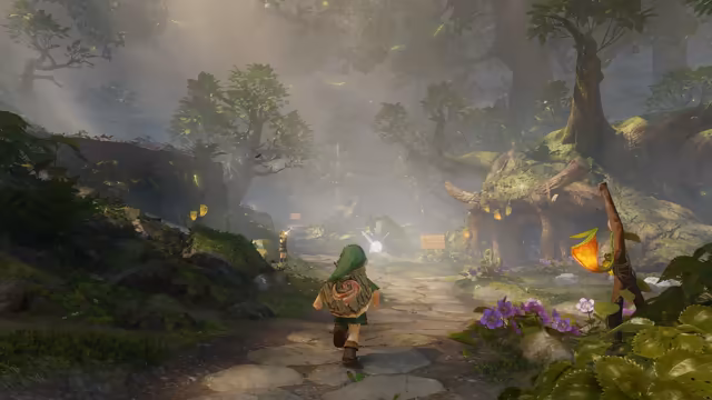 From behind, a small figure in a green cap and tunic with a round wooden shield runs down a winding stone path toward a house built into a huge tree stump, with a glowing fairy ahead. Mossy trees, purple flowers, hanging orange lanterns and a wooden signpost fill a misty, sunlit forest, and another small figure stands far down the path.