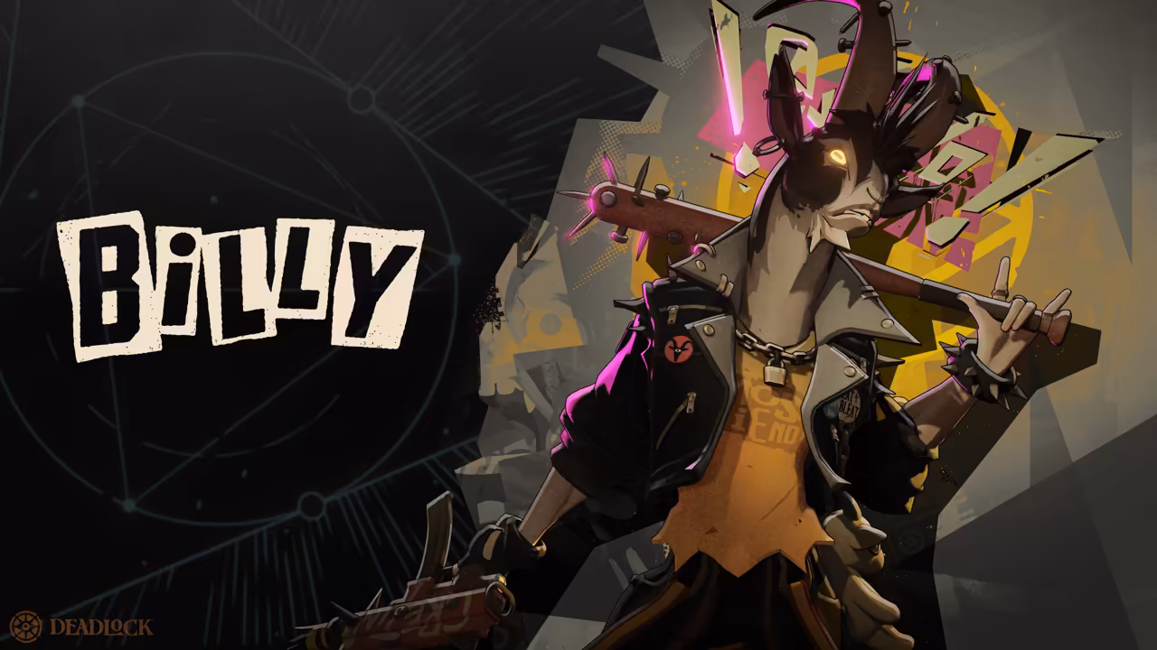 Painted figure with long ears and a dark muzzle in a ragged black jacket and chains, lifting a bat studded with nails over his shoulder, pink light behind, the word Billy in black cut-out letters.