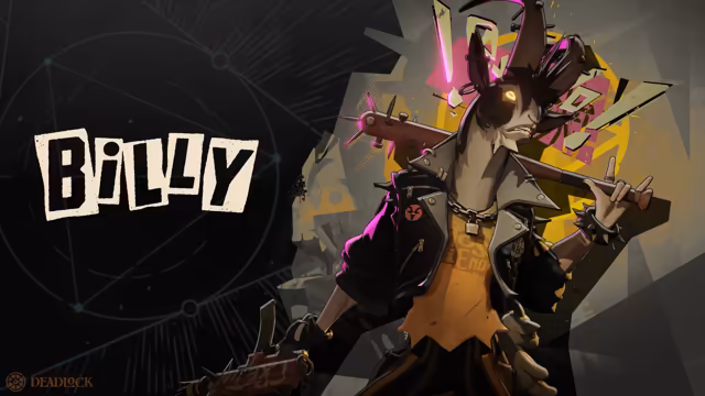 Painted figure with long ears and a dark muzzle in a ragged black jacket and chains, lifting a bat studded with nails over his shoulder, pink light behind, the word Billy in black cut-out letters.