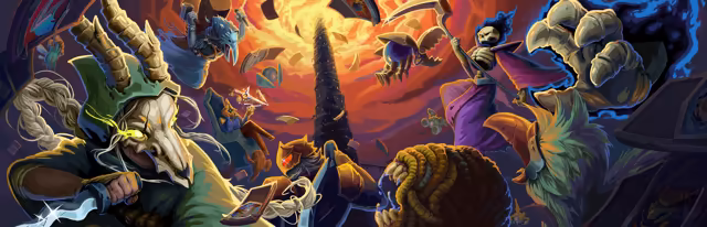 Painted artwork: a figure in a green hood with a horned animal skull for a face and a glowing dagger in front, a skeleton in a purple robe with a scythe at the upper right, a blue-skinned figure with a beak-like face and a robot with a red eye in the middle, and a huge clawed hand at the right, all among scattered cards, with a tall black tower rising into a swirling red and orange sky.