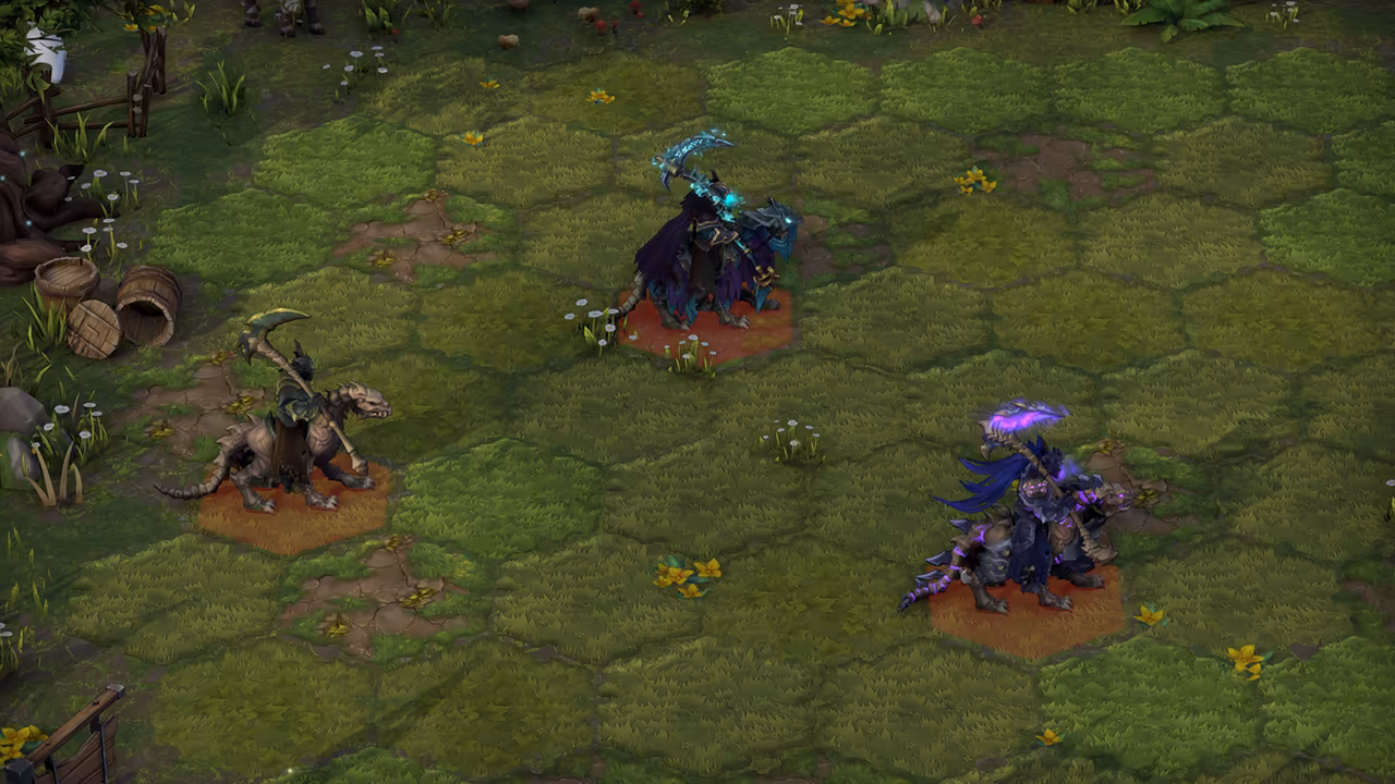 A green hex battlefield with barrels and a fence at the left edge. Three riders with scythes sit on bony, lizard-like mounts on red hexes: a plain bone-colored one on the left, one with glowing cyan details at the top and one with purple glow and dark blue cloth at the right.