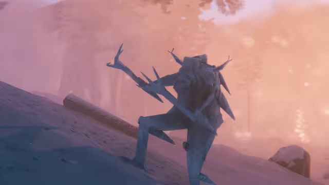 A pale, ice-gray greydwarf with spiky branch-like arms and a jagged head strides up a snow-covered slope in front of a hazy pink forest, a fallen log behind it