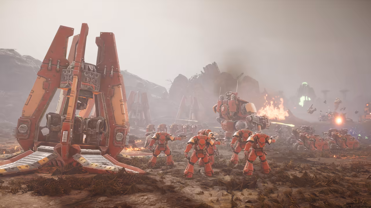 A tall red and white pod with open petals stands on rocky ground; red armored soldiers and a walker fire across misty terrain.