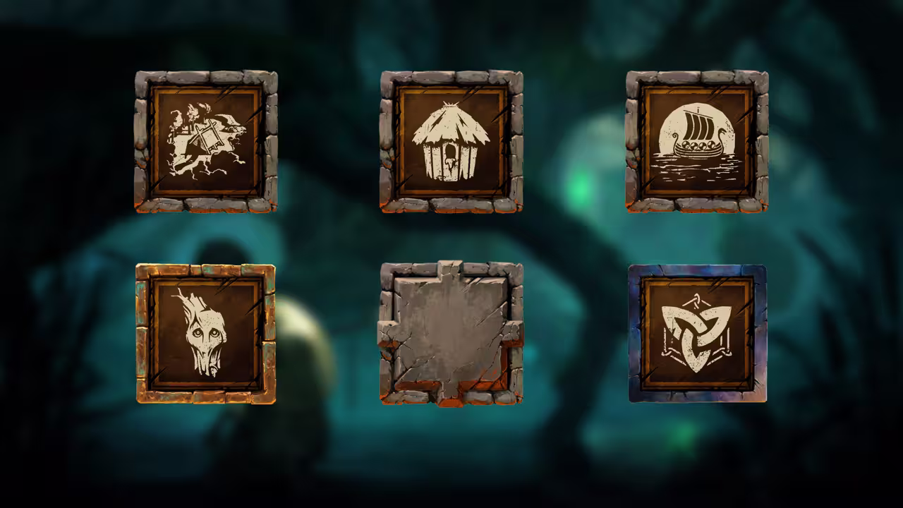 Six square stone-framed icons on a blurred green background: a wrecked structure, a thatched hut, a longship under a moon, a face in a tree trunk, a blank stone tile and a knotwork emblem.