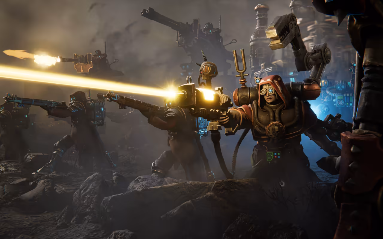 A hooded figure with a golden mask and glowing eyes in the foreground right, with ranks shooting yellow beams to the left and machines in the dark behind.