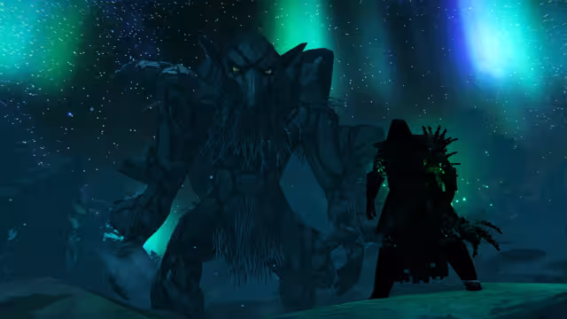 Screenshot of a dark-armored Viking standing before a towering shaggy giant at night, green and purple aurora across a starry sky