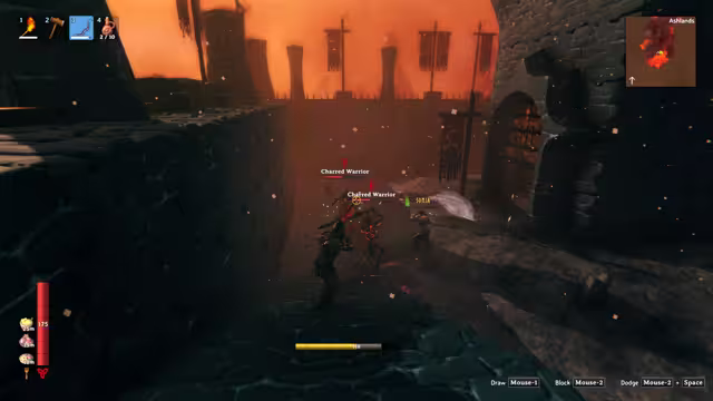 Gameplay screenshot of Vikings fighting two enemies labeled Charred Warrior in a stone courtyard, with black banners on the walls and an orange sky above.
