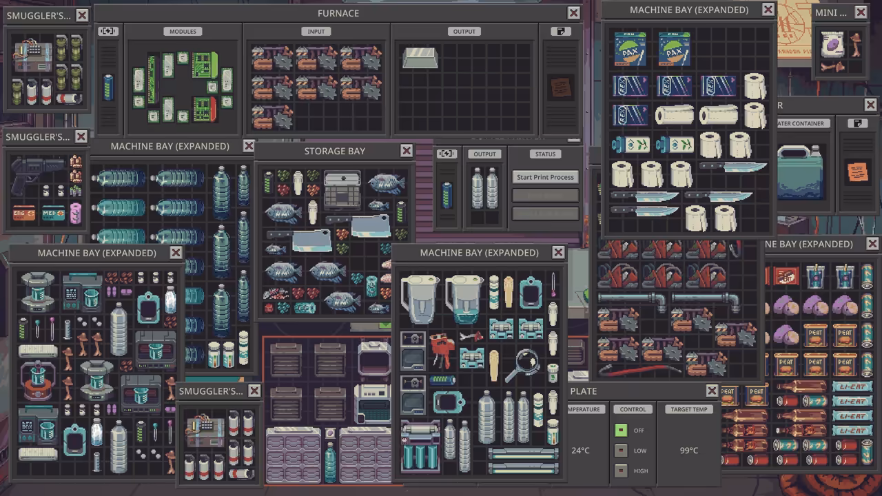 Many overlapping inventory windows filling the screen with bottles, cells, cloth rolls and machine parts.