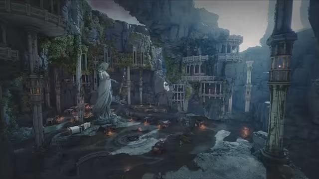 A shadowy ravine between sheer cliffs holds a hidden settlement: ivy-covered stone buildings with arched windows climb the rock walls, a tall statue of a robed woman stands over a plaza with braziers and small tents, and a slender lit tower rises on the right.