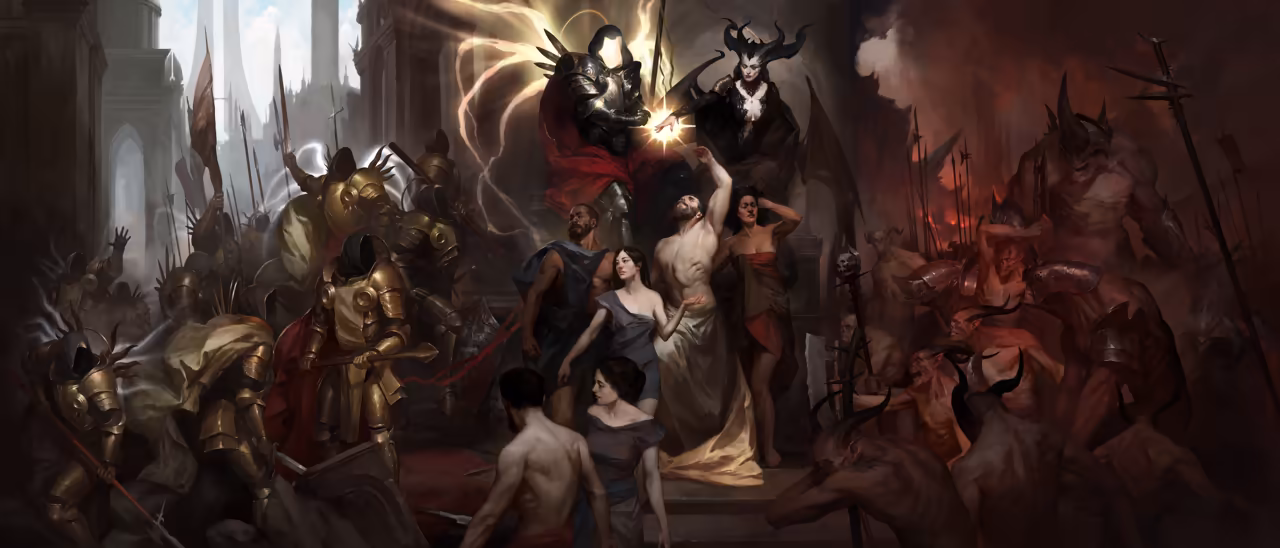 A wide painting split between light and red shadow. In the middle an armored angel with blazing wings and a horned woman tower over frightened people; to the left golden knights with tall shields, to the right red horned demons with spears, and white towers rise in the far background.
