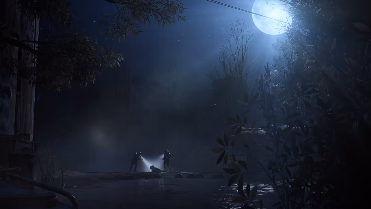 A dark night scene with a bright moon behind thin cloud; two flashlight beams low in the frame among black foliage.