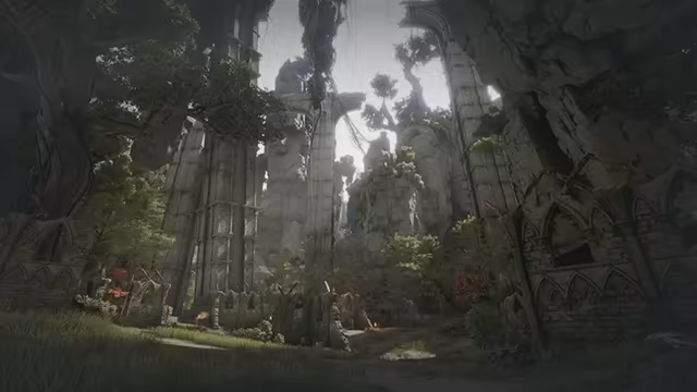 In green shade, the ruins of a great stone building with tall pillars and pointed arches stand overgrown with trees, roots and creepers, small red plants glowing on the grass and pale light falling through the broken roof.