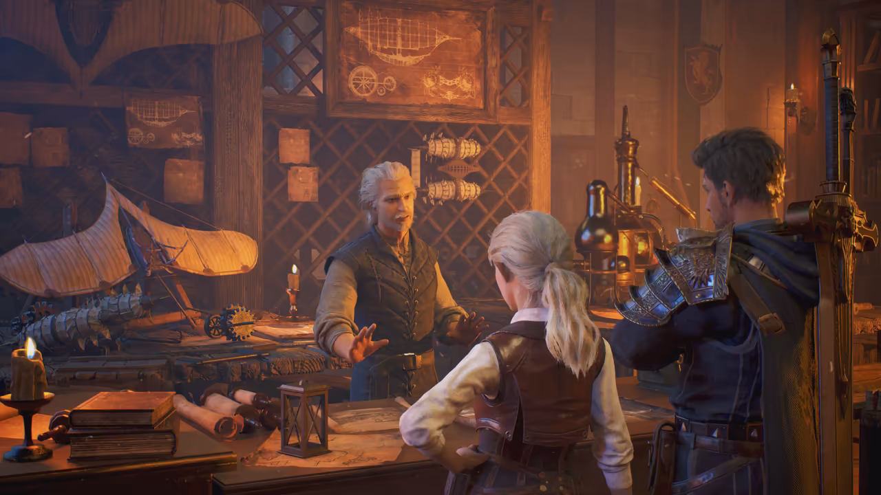 Warm candlelight in a timber workshop. Behind a table of books, scrolls and a lantern, a gray-haired, bearded man in a dark waistcoat holds out his hands as he talks. Facing him with their backs to the viewer are a woman with a blond ponytail in a leather vest and a man in a dark coat with an ornate shoulder plate and a huge sword on his back. Drawings of airships hang on the walls, a pair of fabric glider wings and mechanical parts sit at left, and glass flasks stand at right. No game interface is shown.