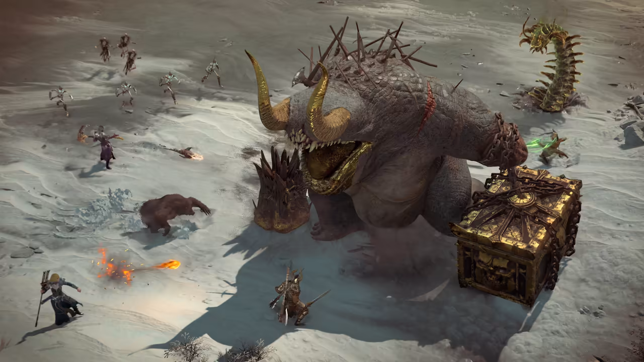 Top-down snowy plain. A massive pale beast with curling gold horns and a gaping mouth stands next to an enormous gold chest bound in chains. Around it a bear, a caster firing a fireball, a sword fighter and a robed figure attack; a giant green worm rears at top right.