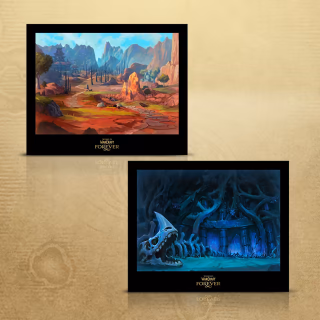 Two black-bordered prints, each with the World of Warcraft Forever logo beneath, on a parchment background. The upper one is a painted landscape of red earth and a cobbled path through a canyon with burnt tree trunks, a glowing orange rock and a tiered tower beneath tall blue peaks. The lower one shows a dim blue cavern of twisted roots, where the skull and spine of a huge horned creature lie before a stone gateway glowing purple, watched by carved animal heads.