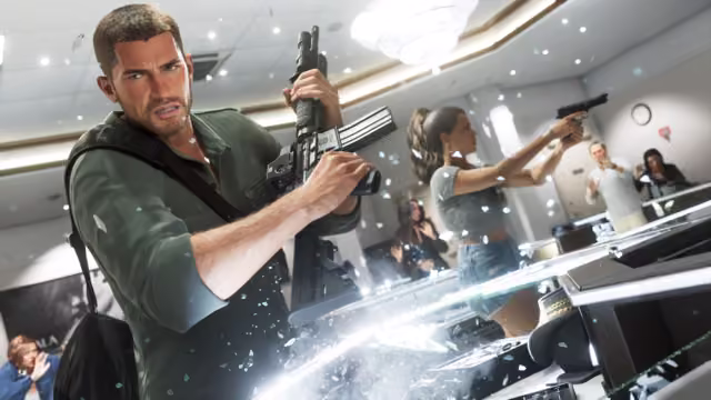 A man with a rifle smashes a glass display counter as shards fly, while a woman with a ponytail aims a pistol at frightened staff and customers in a bright, white showroom.