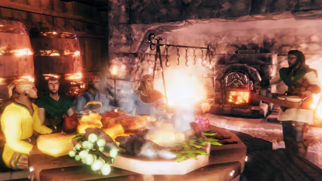 In-game screenshot of four Vikings at a round table with a large feast of bread, meat and greens, a stone oven glowing behind them and another Viking holding a tray.