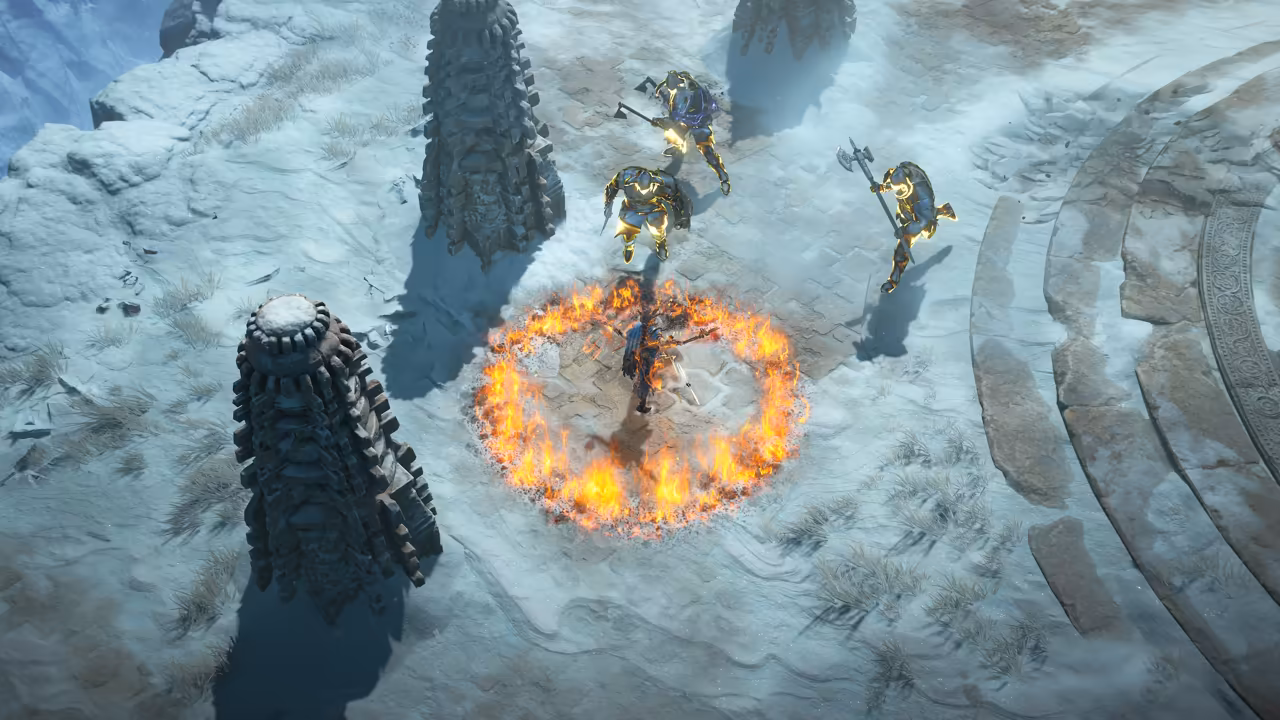 Top-down view of snowy paving stones with two tall carved stone pillars. In the middle a figure stands in a circle of flames while three bulky warriors outlined in gold light raise axes; curved stone steps run along the right.