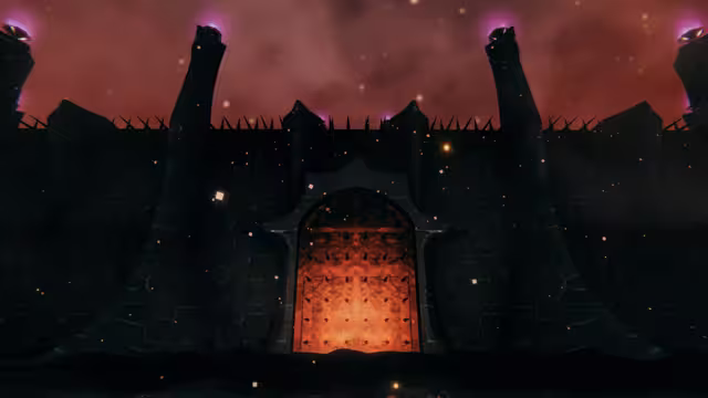 Screenshot looking up at a dark stone wall lined with spikes and tall towers topped with purple lights, a glowing orange studded gate in the middle, embers drifting under a red sky