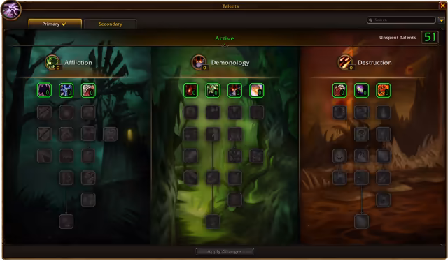 A Talents window with Primary and Secondary tabs, an Active banner and a counter reading Unspent Talents 51. Three columns of square talent icons sit on painted backgrounds: Affliction over a dark green swamp, Demonology over a sickly green glow and Destruction over a red, fiery wasteland, with the first row of each tree lit in green and the rest grayed out above an Apply Changes button.