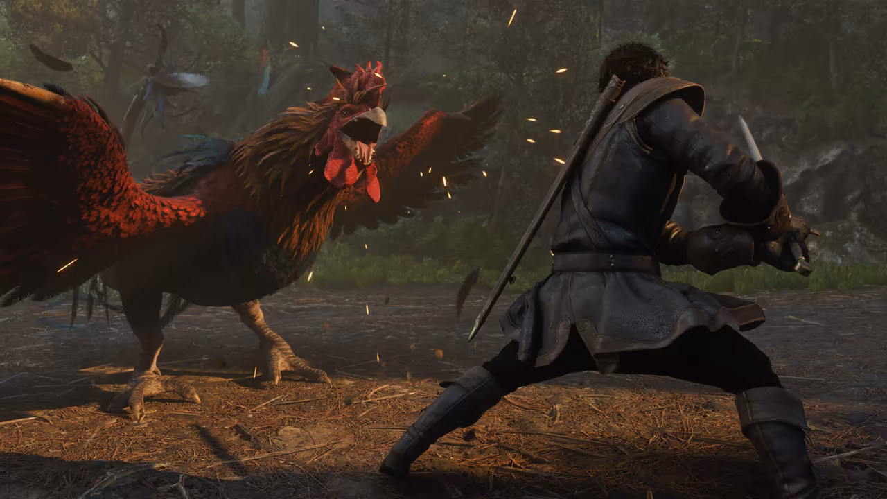 In a forest clearing strewn with pine needles, a figure in a dark long coat with a sheath across the back crouches low holding a sword. Facing them, a rooster as tall as a person, with a red comb and wattle and red, black and bronze plumage, spreads its wings and opens its beak wide. Feathers and sparks fly between them. No game interface is shown.