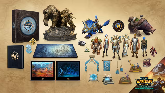 On a parchment map background: the dark box with a round Forever logo window, the bronze dwarf and bear statue, a dark blue journal with a gold W emblem, a gold compass pin and a blue cloud pin, a long blue mousepad drawn with a ruined city among pines, and two framed prints, a red canyon landscape and a blue cavern with a huge skeleton. To the right are the digital rewards: a blue feathered mount with a rider, an armored brown bear mount, a 30-day Game Time token, characters in matching outfits and armor, pets, blue and white housing decor and the Warcraft III Reforged Forsaken Kingdom logo.